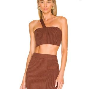 Brown Ribbed One-Shoulder Crop Top and Skirt Set Camila coelho